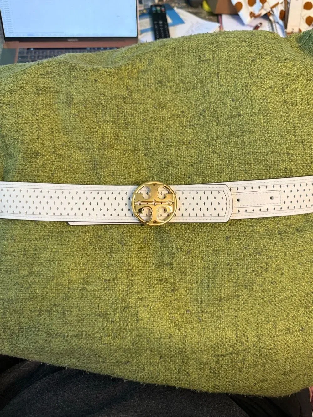 Tory Burch White Leather Perforated Logo Belt sz XL EUC